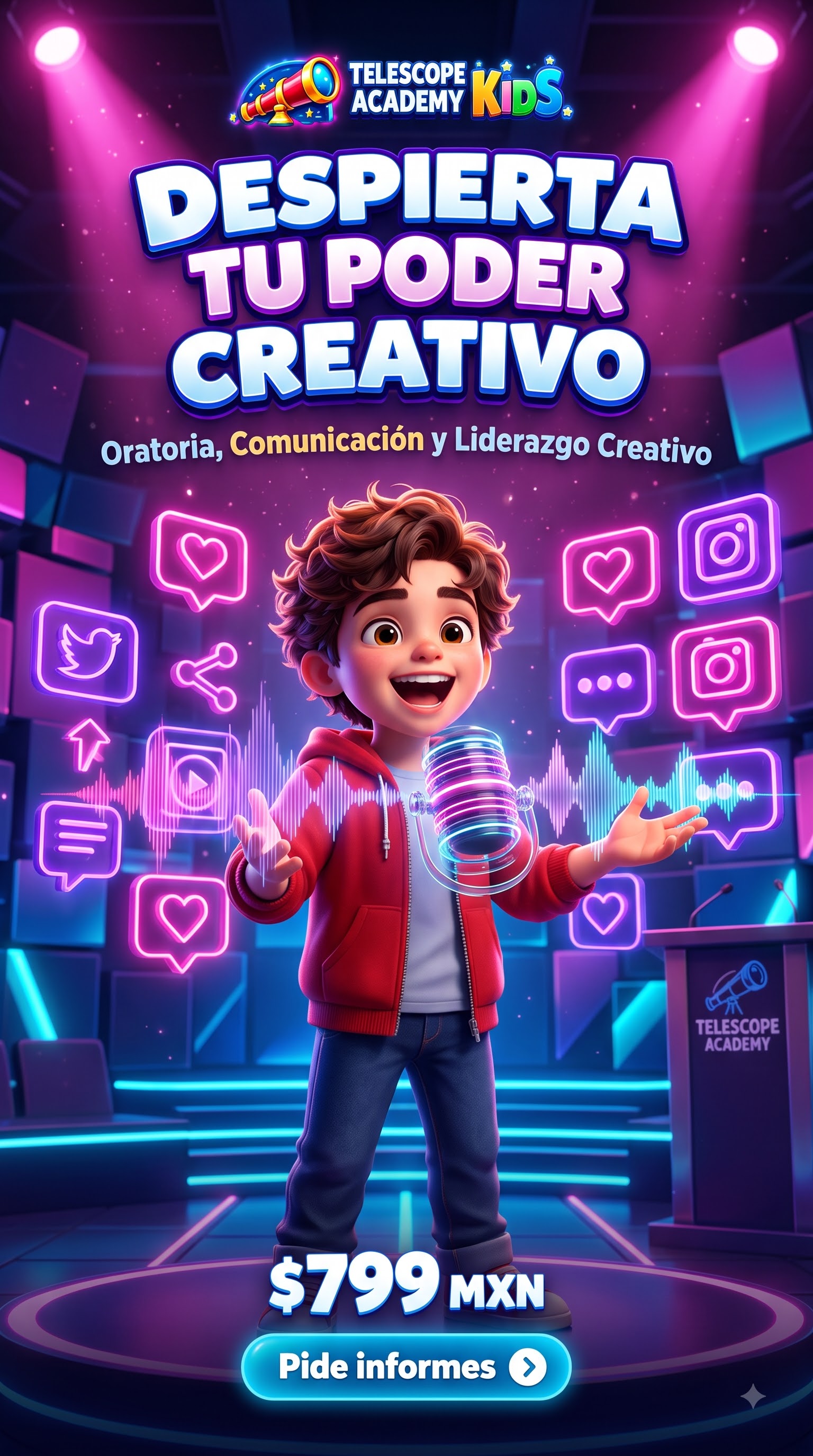 Niño hablando al micrófono en Telescope Academy Kids